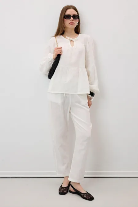 Kadın Ekru Beli Lastikli Havuç Paça Muslin Pantolon