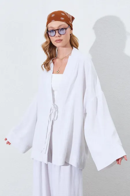 Kadın Naturel Önü İp Bağlamalı Kimone Ceket