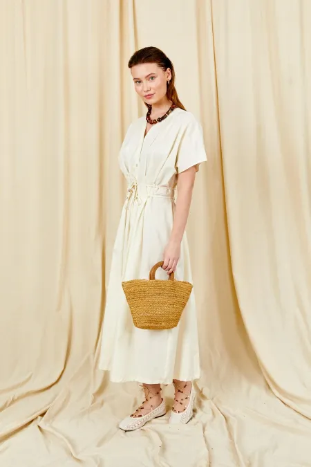 Kadın Ekru 199 Düşük Kol Pile Detaylı Önü Düğmeli Poplin Elbise