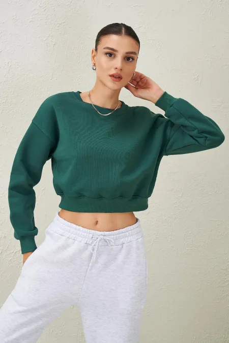 Women's Navy Blue Crew Neck Three-Thread Oversize Crop Sweatshirt