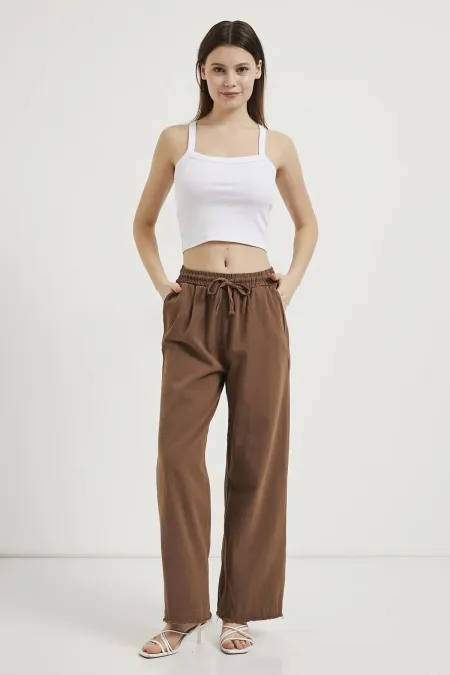 Women's Coffee Brown Wide Leg Trousers with Belt Closure