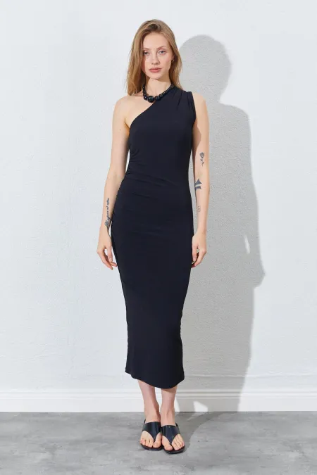 Kadın Siyah Tek Omuz Yanı Drapeli Sandy Elbise