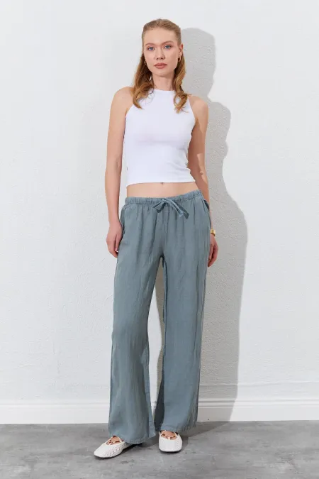 Women's Khaki Linen Wide-Leg Trousers with Drawstring Waist and Side Pockets Women's Khaki Linen Wide-Leg Trousers with Drawstring Waist and Side Pockets