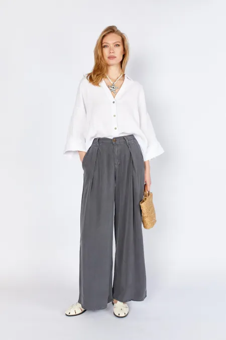Women's Anthracite YP5115 Double Pleated Wide Leg Tencel Trousers