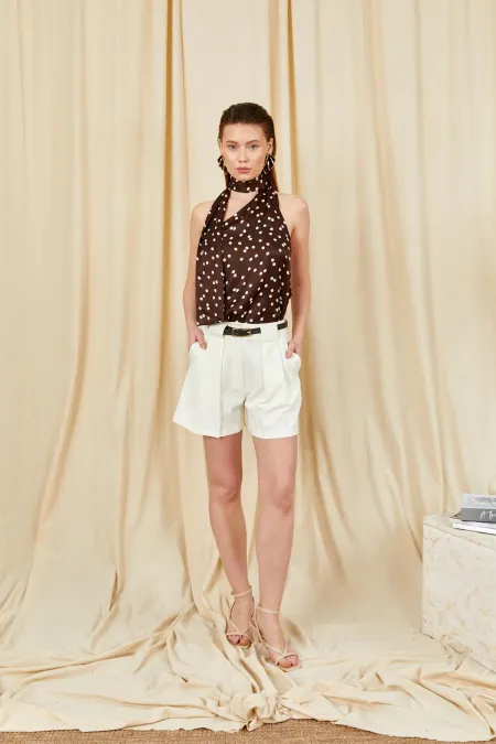 Kadın Krem Kalın  Biritli Kemerli Mini Şort