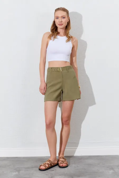 Kadın Haki Beli Kendinden Kemerli Gabardin Şort