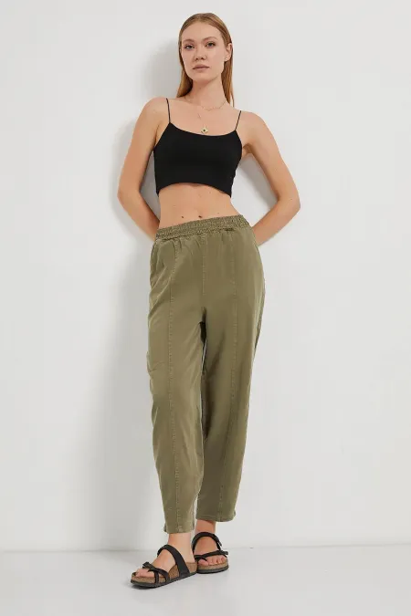 Women's Khaki (5456) Front Stitched Balloon Cut Tencel Trousers