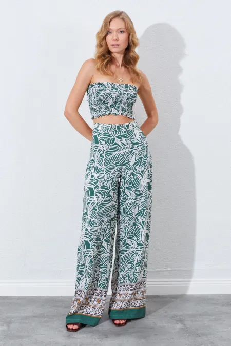 Kadın Haki Croplu-Palozzo Pantolonlu Desenli Takım