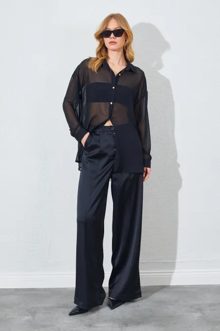 Kadın Siyah Şifon Bluz Saten Pantolon Takım