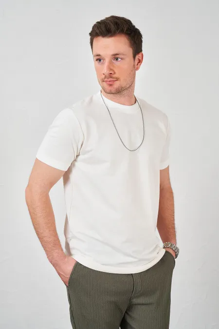 Erkek Ekru Kolu Ribanalı İki İp Rahat Kalıp Tişört