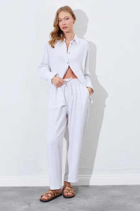 Kadın Naturel Beli Lastikli Havuç Kesim Keten Pantolon