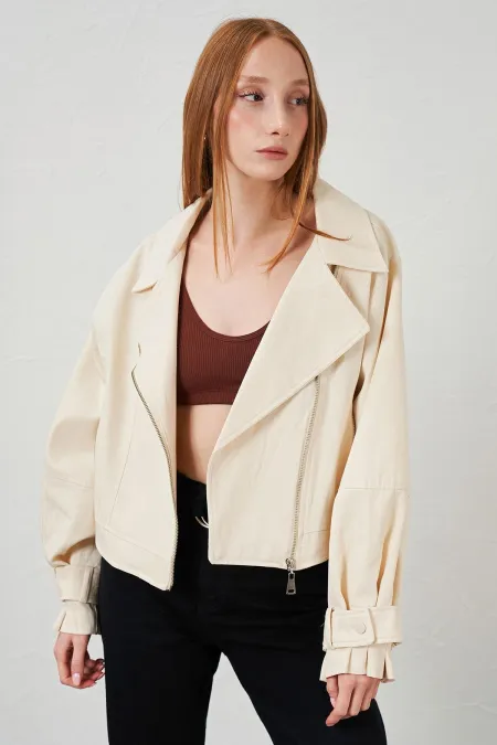 Women's Natural Side Zip Sleeve Cuffed Herringbone Gabardine Jacket