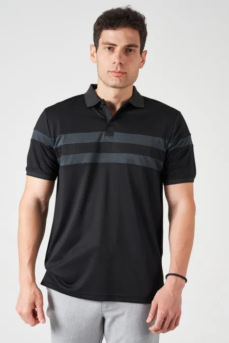 Erkek Siyah Ayaklı Yaka Ön ve Kol Parçalı Kagi Tişört