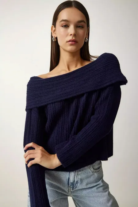 Kadın Lacivert Degaje Yaka Fitilli Triko Kazak
