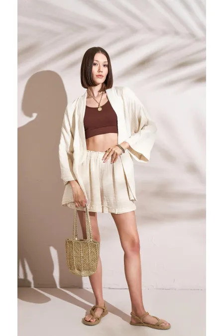 Kadın Naturel Beli Lastikli Püsküllü Şort