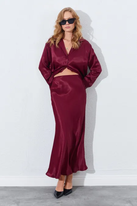 Kadın Bordo Saten Uzun Etek