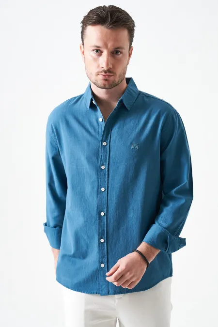 Erkek Petrol Uzun Kol Basic Pamuk Flam Regular Gömlek