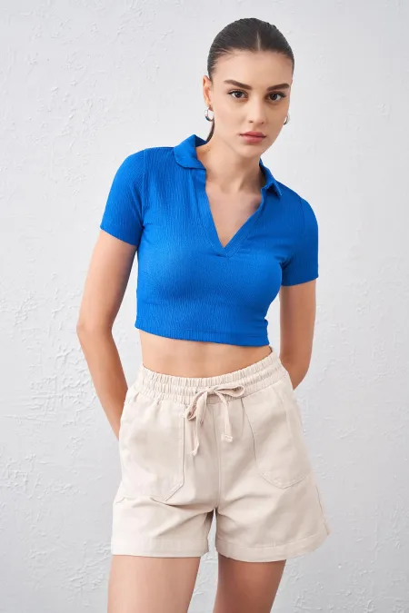 Kadın Saks Polo Yaka Bürümcük Kumaş Crop