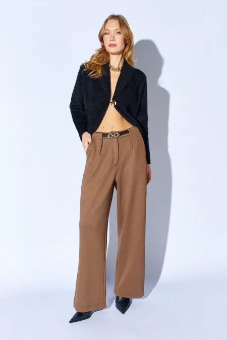 Women's Coffee Brown Wide Leg Wool Effect Trousers with Inner Belt