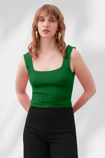 Kadın Yeşil Kare Yaka Kalın Fitilli Atlet