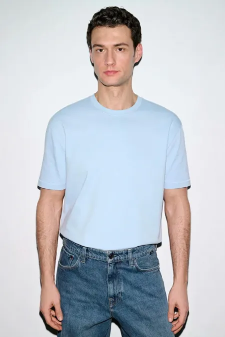 T-shirt basique bleu à col rond en modal pour homme