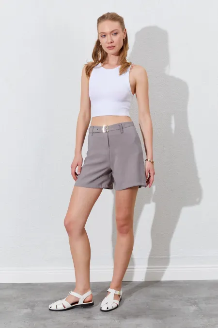 Kadın Vizon Beli Kendinden Kemerli Gabardin Şort