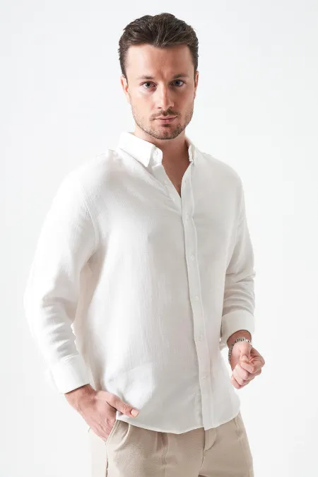 Erkek Ekru Uzun Kol Regular Basic Müslin Gömlek