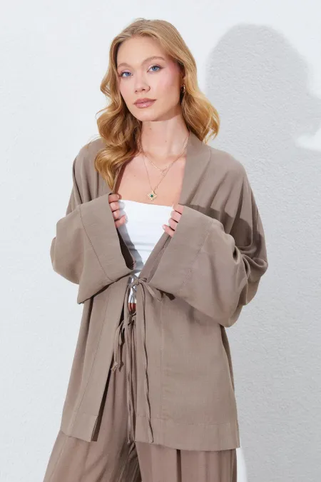 Kadın Toprak Önü İp Bağlamalı Kimone Ceket