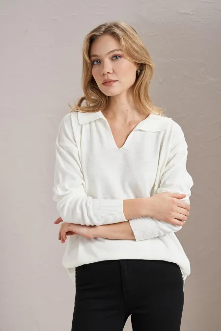 Kadın Ekru Gömlek Yaka Basic Triko Kazak