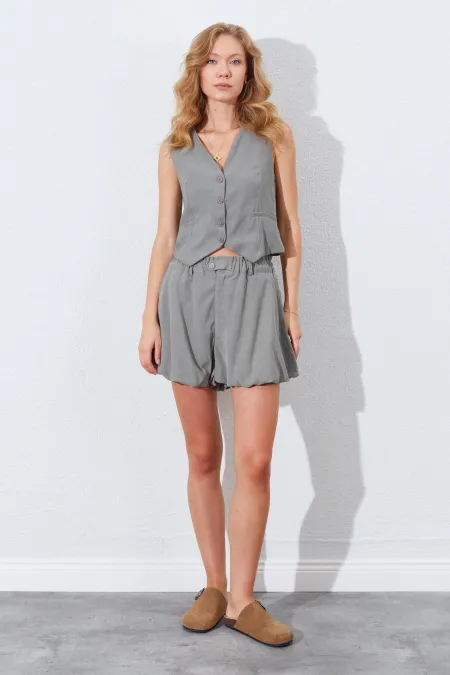 Kadın Haki Beli Lastikli Stoplu Bolon Şort Etek