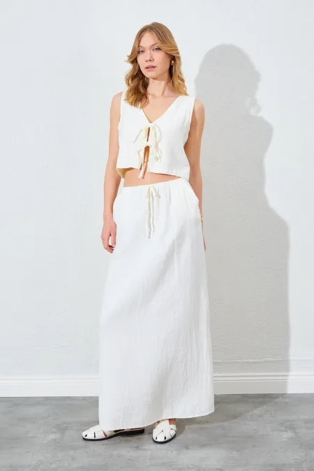 Kadın Ekru Bağlama Bluzlu Uzun Etekli Müslin Takım