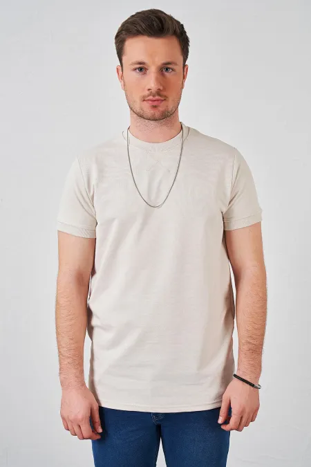 Erkek Bej Kolu Ribanalı İki İp Rahat Kalıp Tişört