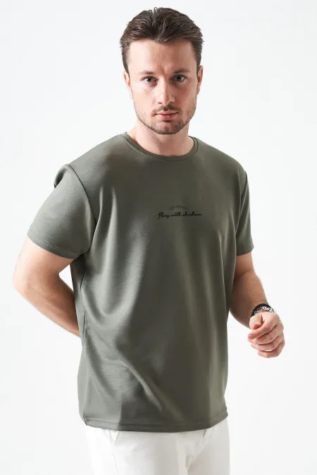 T-shirt kaki à col rond pour homme, fabriqué en modal imprimé