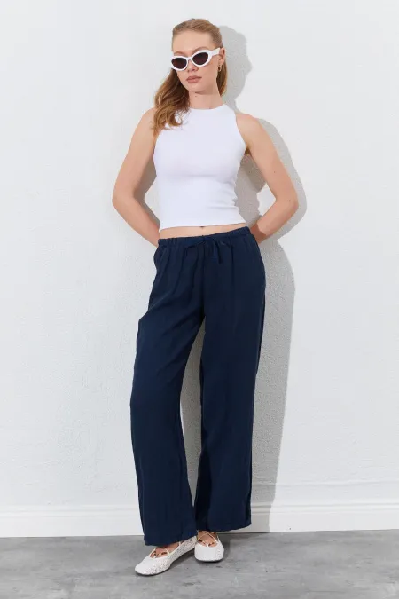 Women's Navy Blue Linen Wide Leg Trousers with Drawstring Waist and Side Pockets Women's Navy Blue Linen Wide Leg Trousers with Drawstring Waist and Side Pockets