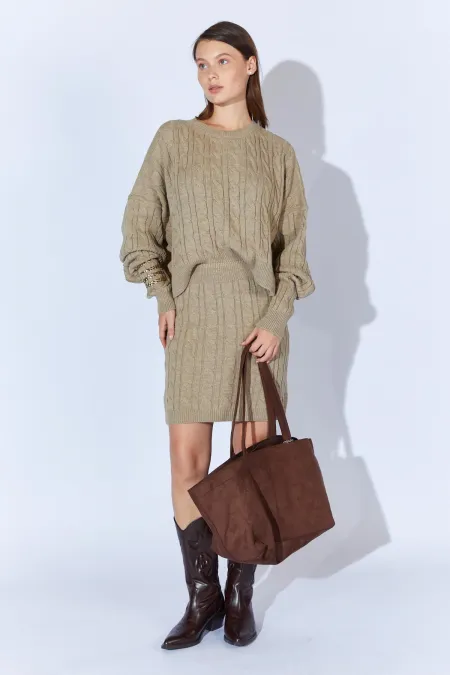 Kadın Vizon Saç Örgülü Etek Kazak Takım