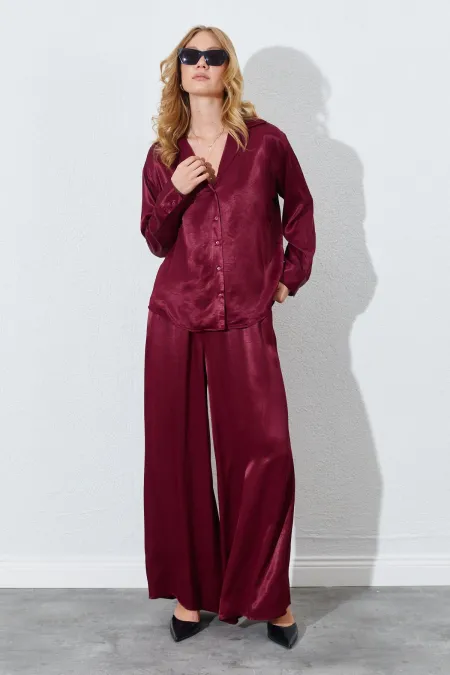 Kadın Bordo Beli İnce Lastik Detaylı Saten Pantolon