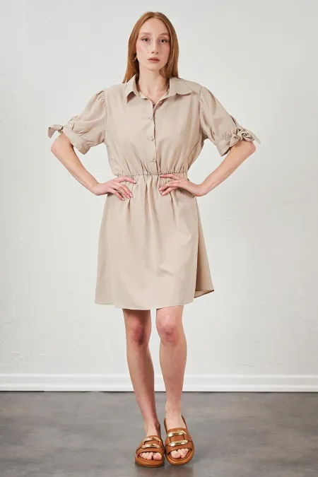 Kadın Bej Kolları Bağlamalı Poplin Elbise