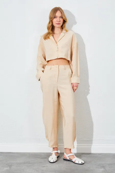 Kadın Bej Paça Düğmeli Modal Kumaş Pantolon