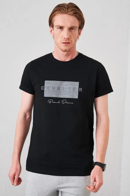 T-shirt noir à col rond pour homme avec imprimé cavalier