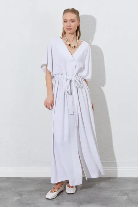 Kadın Naturel Düşük Kol Beli Tünel Kemerli Keten Uzun Elbise