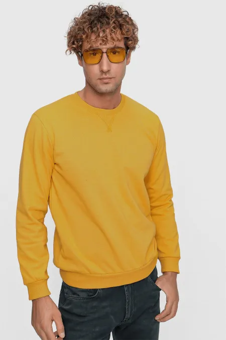 Sweat-shirt basique à trois cordons, col rond, couleur moutarde pour homme (22-7781)