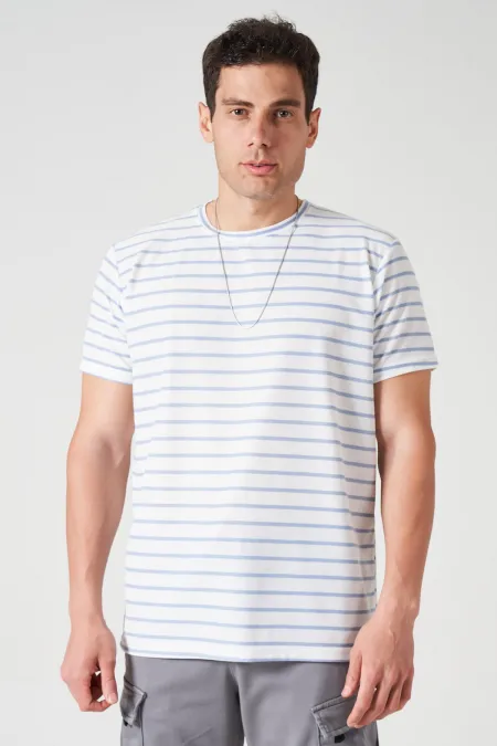 Erkek Mavi Bisiklet Yaka Ringel Mini Waffle Tişört