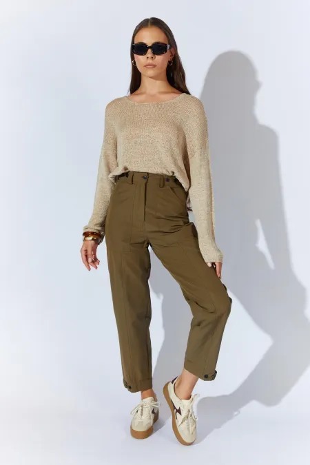 Kadın Haki Beli Düğmeli Çift Dikişli Pantolon