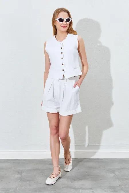Kadın Ekru Duble Paça Keten Şort