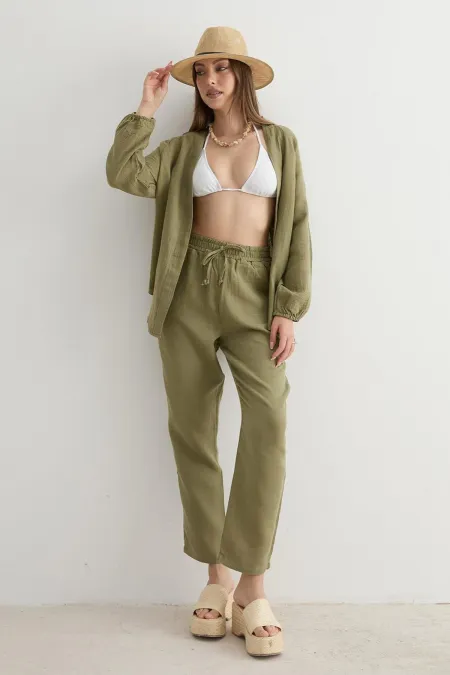 Women's Khaki Elastic Waist Carrot Leg Muslin Pants