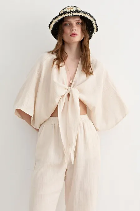 Kadın Taş Yarasa Kol Ön Bağlamalı Gömlek