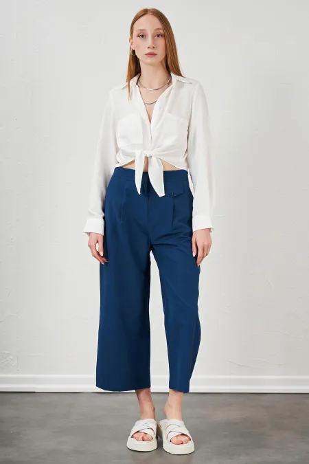 Kadın İndigo Kısa Palazzo Poplin Pantolon