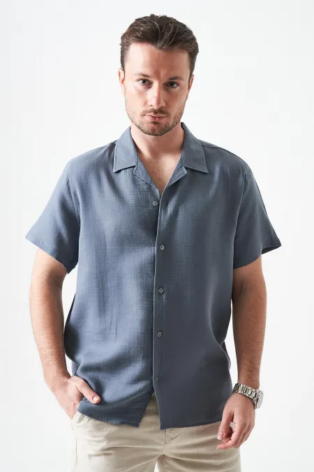 Erkek Antrasit Kısa Kol Apaj Yaka Müslin Regular Gömlek