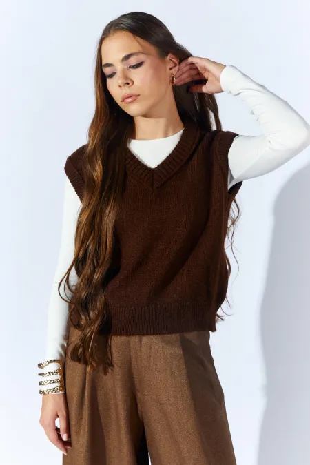 Kadın Kahve V Yakalı Basic Süveter
