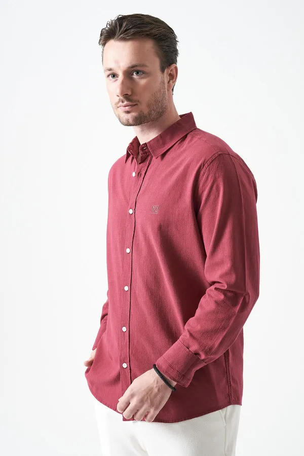 Erkek Vişne Uzun Kol Basic Pamuk Flam Regular Gömlek